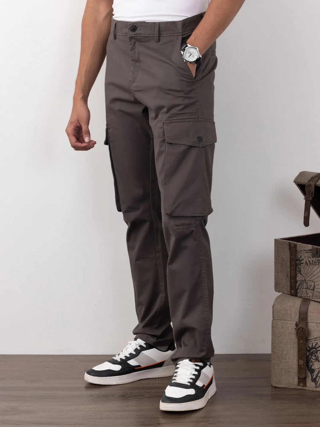 Mid Grey Plain Cargo Pants