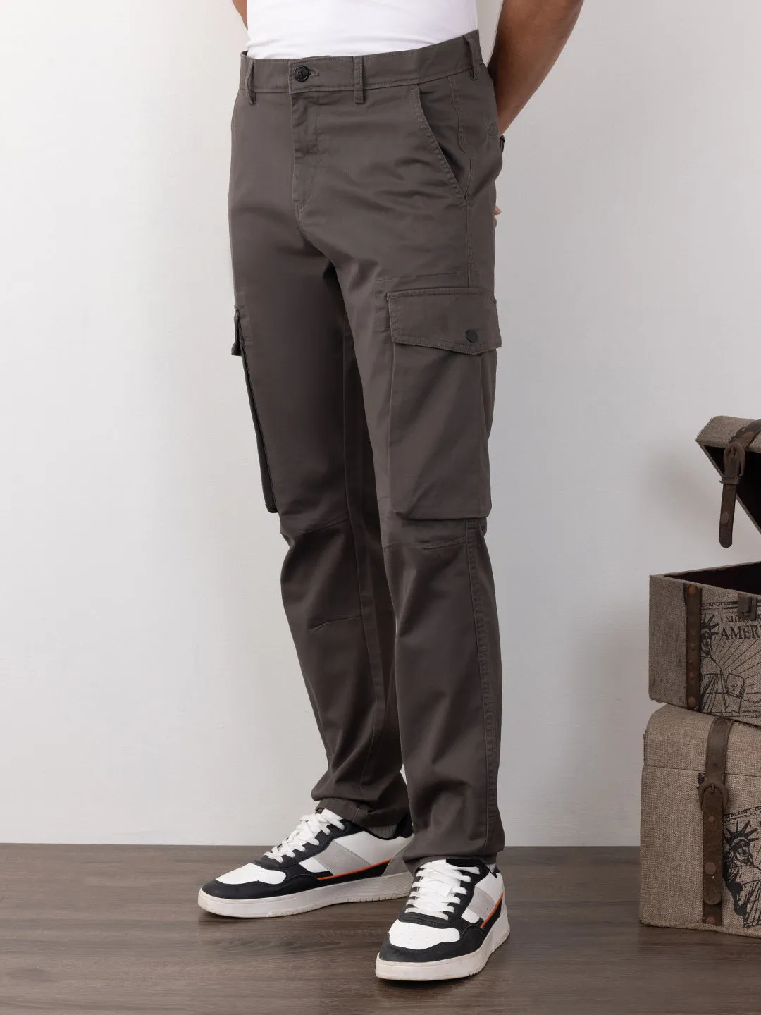 Mid Grey Plain Cargo Pants