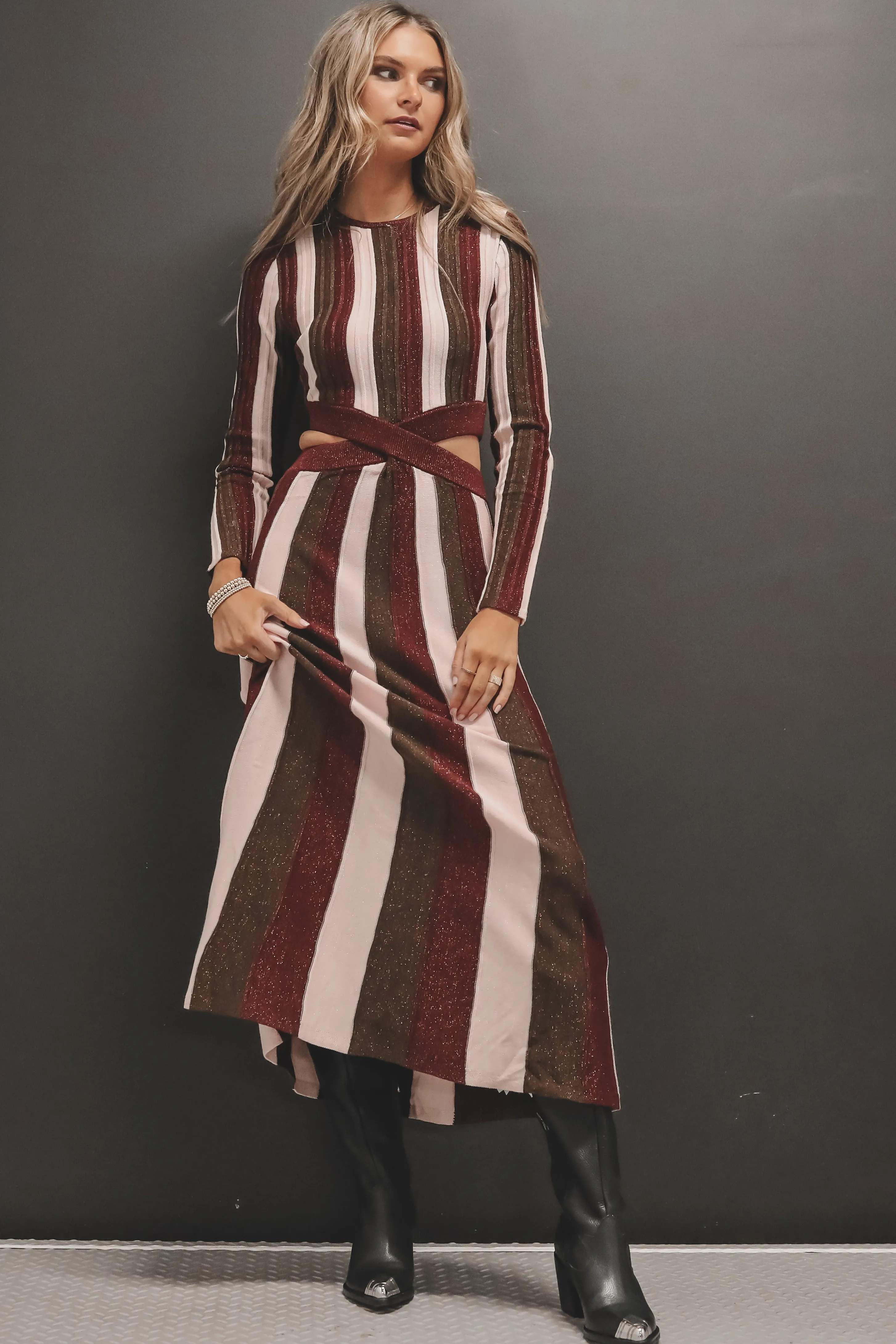 MINKPINK Eden Knit Metallic Stripe Maxi Dress