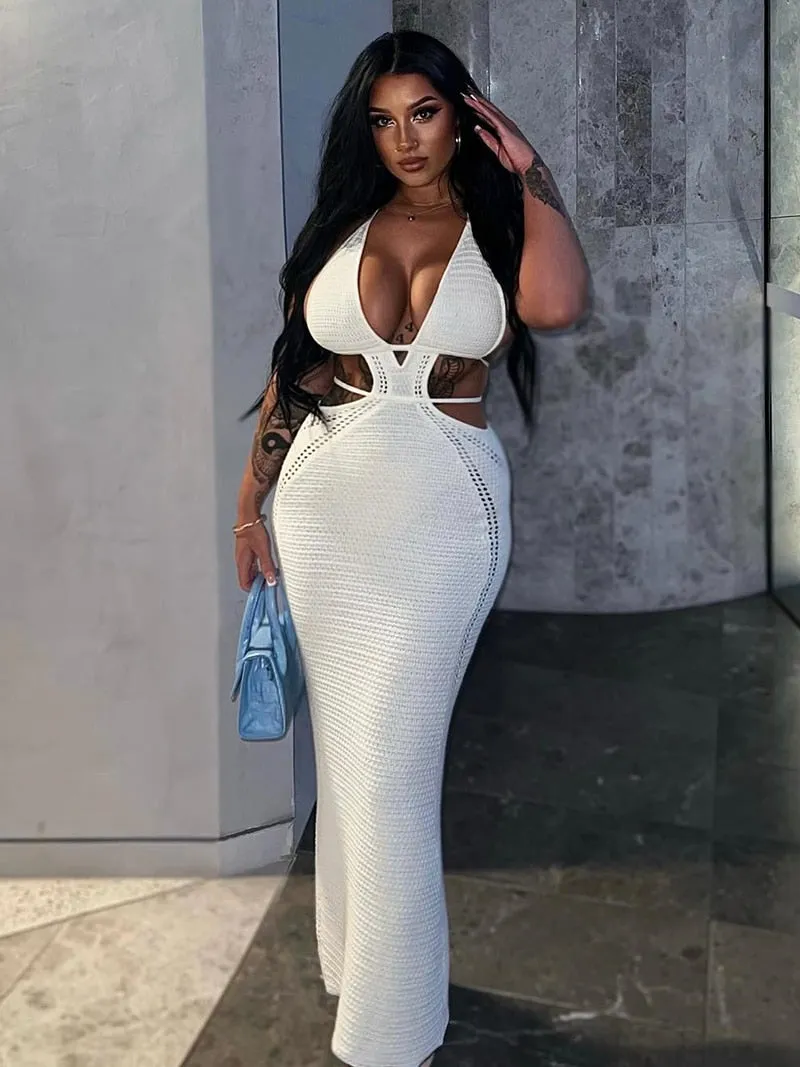 Mozision Hollow Out Halter Sexy Mini Dress Women Summer New Sleeveless Backless Skinny Club Party Knit Tank Dress Vestido