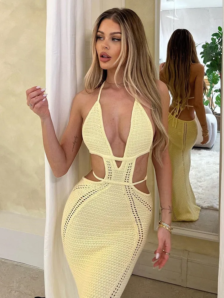 Mozision Hollow Out Halter Sexy Mini Dress Women Summer New Sleeveless Backless Skinny Club Party Knit Tank Dress Vestido