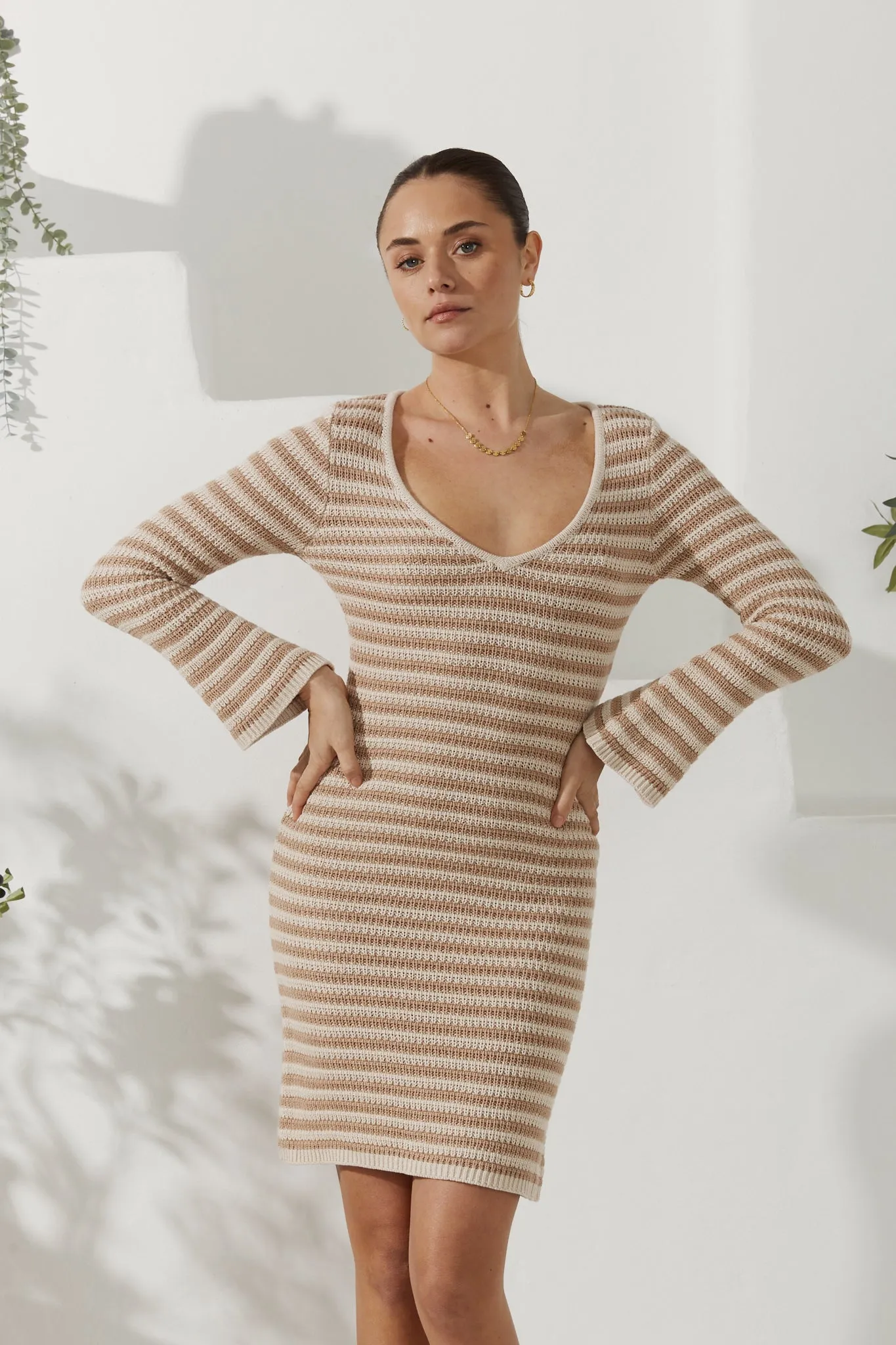 Nadia Beige Stripe Knit Mini Dress