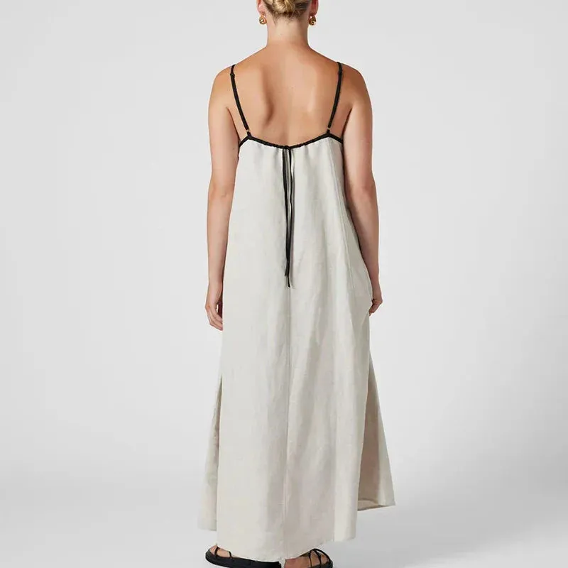 Neck High Waist Beach Solid Sleeveless Suspender Color Blocking Cotton Linen Party Square Dress