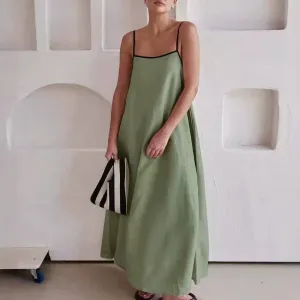 Neck High Waist Beach Solid Sleeveless Suspender Color Blocking Cotton Linen Party Square Dress