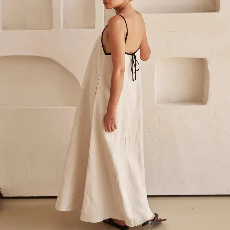 Neck High Waist Beach Solid Sleeveless Suspender Color Blocking Cotton Linen Party Square Dress