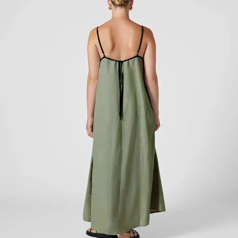 Neck High Waist Beach Solid Sleeveless Suspender Color Blocking Cotton Linen Party Square Dress