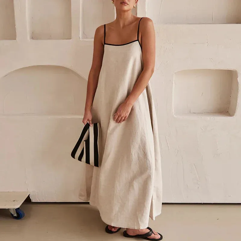 Neck High Waist Beach Solid Sleeveless Suspender Color Blocking Cotton Linen Party Square Dress