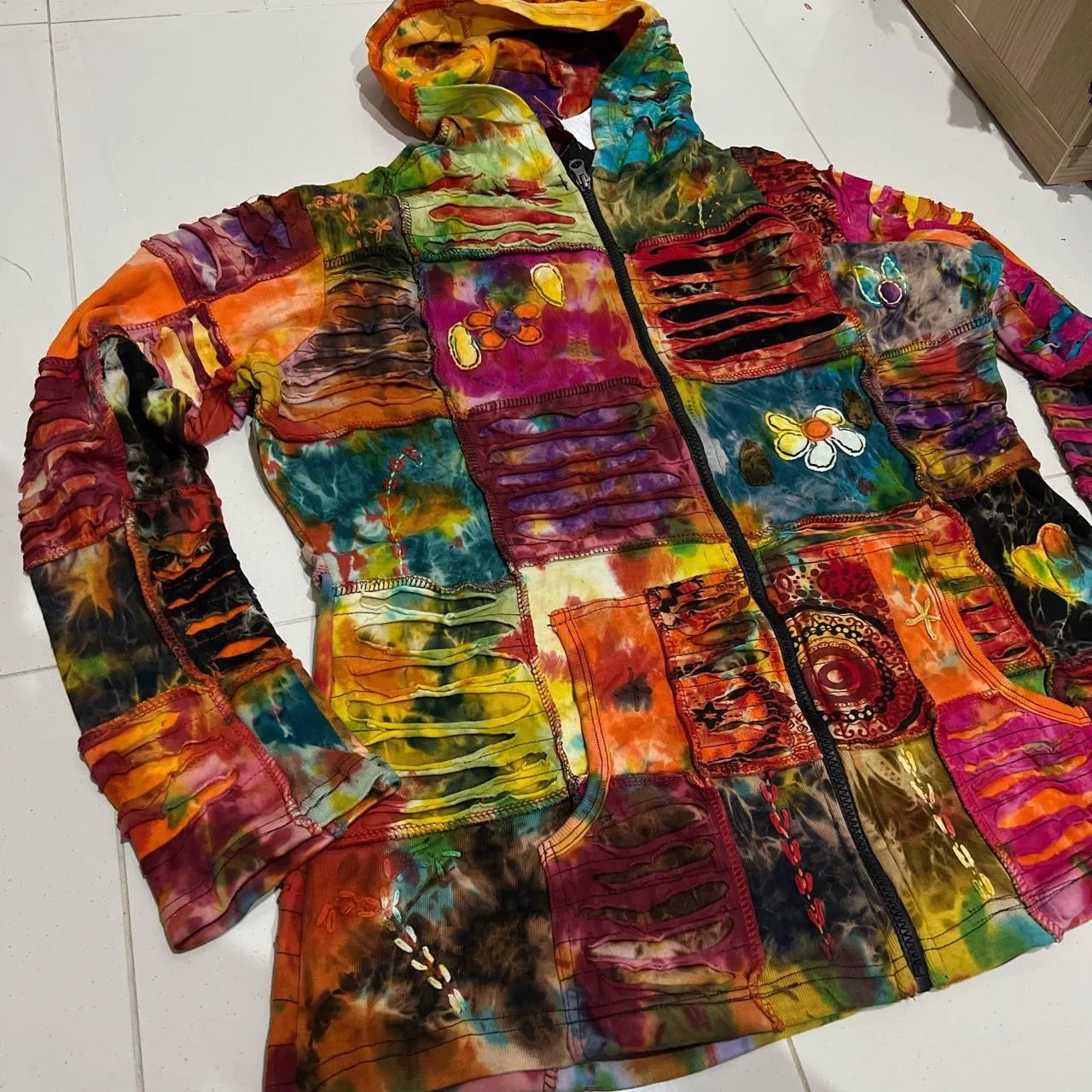 Nepalese Handmade  Multi-Colour Cotton Hoodie Cardigan size Large / X Large