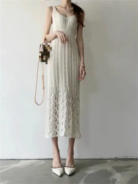 New sexy Summer Knitted Dress Girls Party Female Vintage dress braces white Sleeveless Women Dresses long oversize Robe Vestido