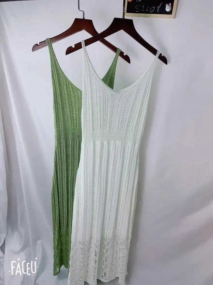 New sexy Summer Knitted Dress Girls Party Female Vintage dress braces white Sleeveless Women Dresses long oversize Robe Vestido