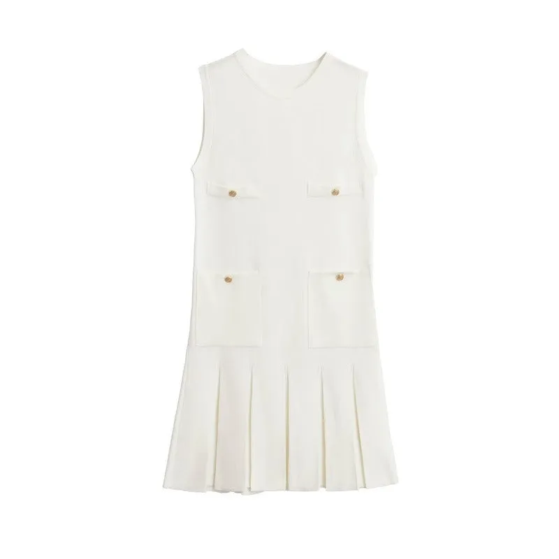 Pre Order: Knit Wide Pleated Button Mini Dress