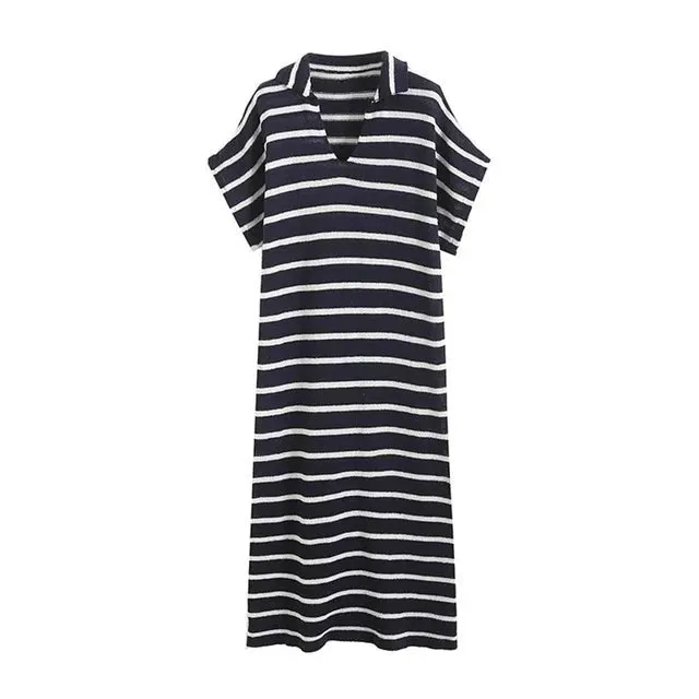 Pre Order:  Stripes Polo Collar Midi Dress