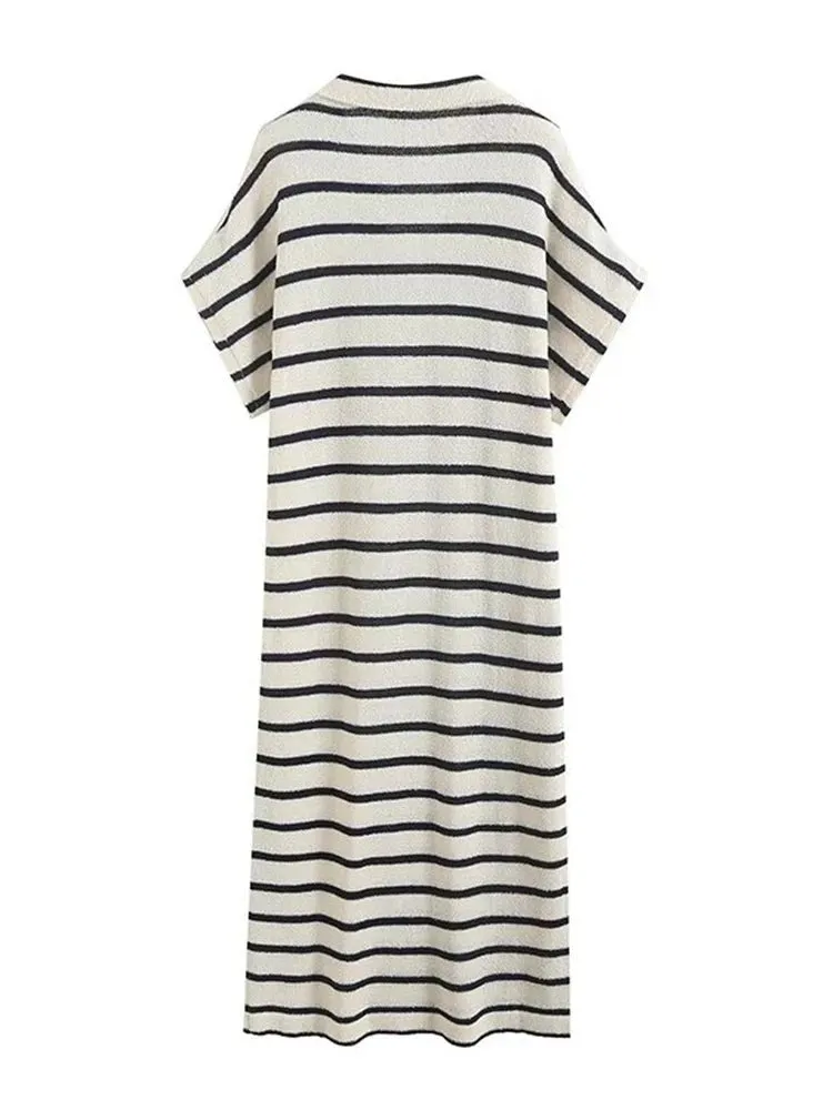 Pre Order:  Stripes Polo Collar Midi Dress