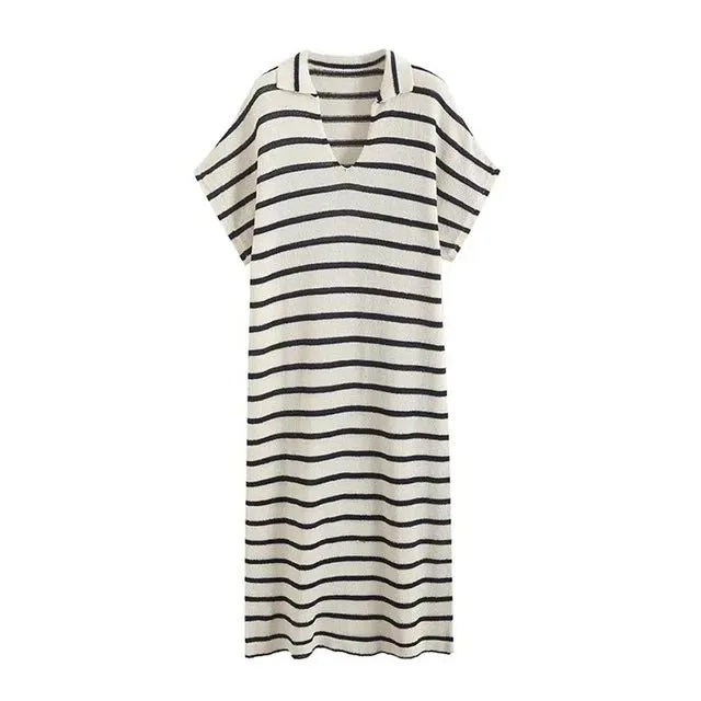 Pre Order:  Stripes Polo Collar Midi Dress