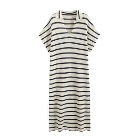 Pre Order:  Stripes Polo Collar Midi Dress