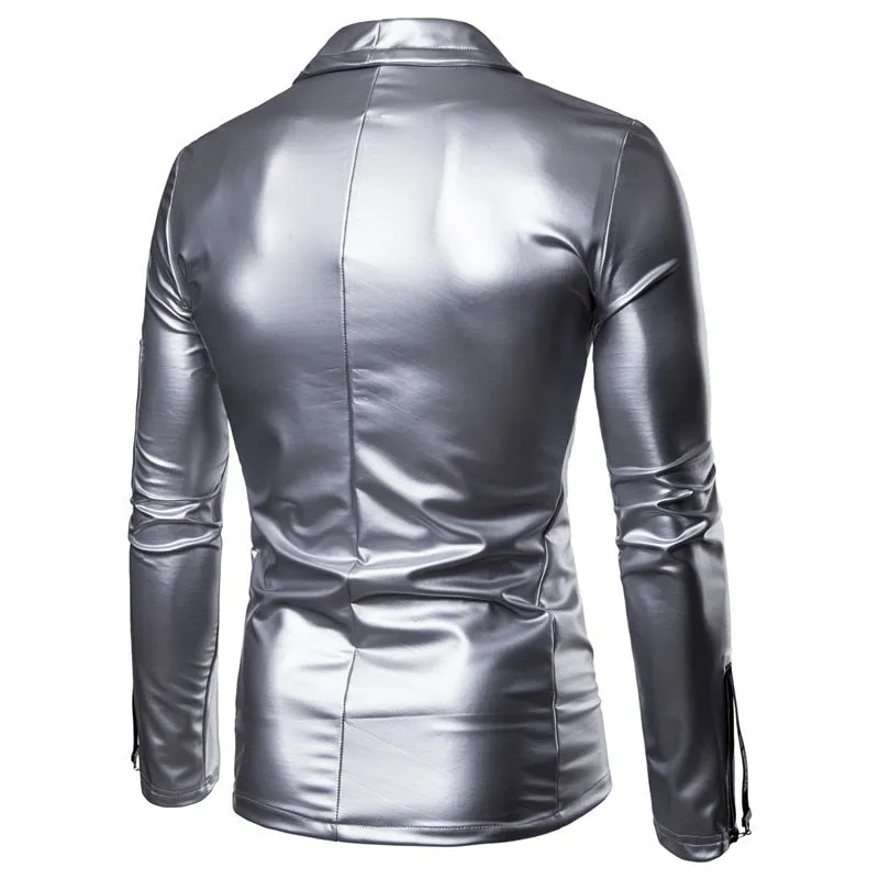 PU Leather Metallic Color Men Slim Fit Blazer