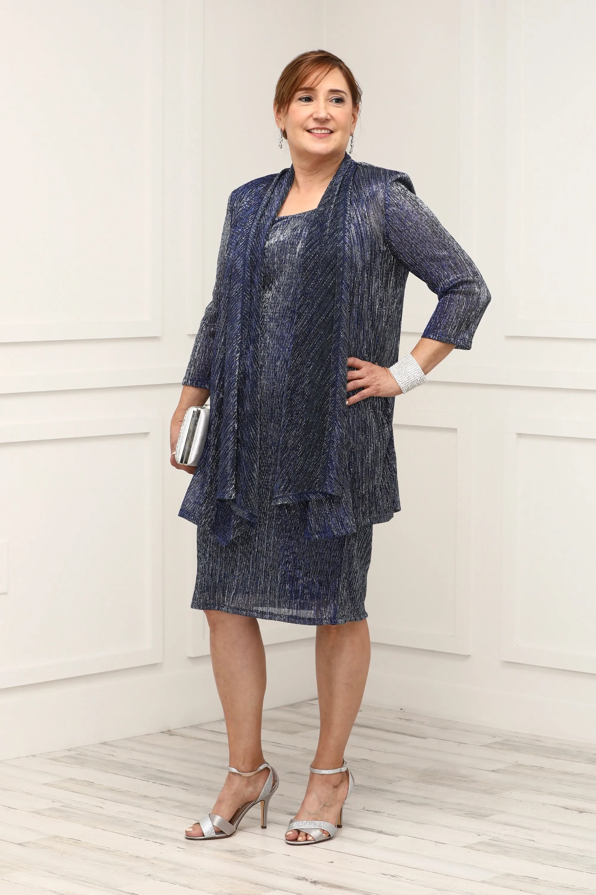 R&M Richards Petite Women's 2 Piece Metallic Knit Jacket Dress