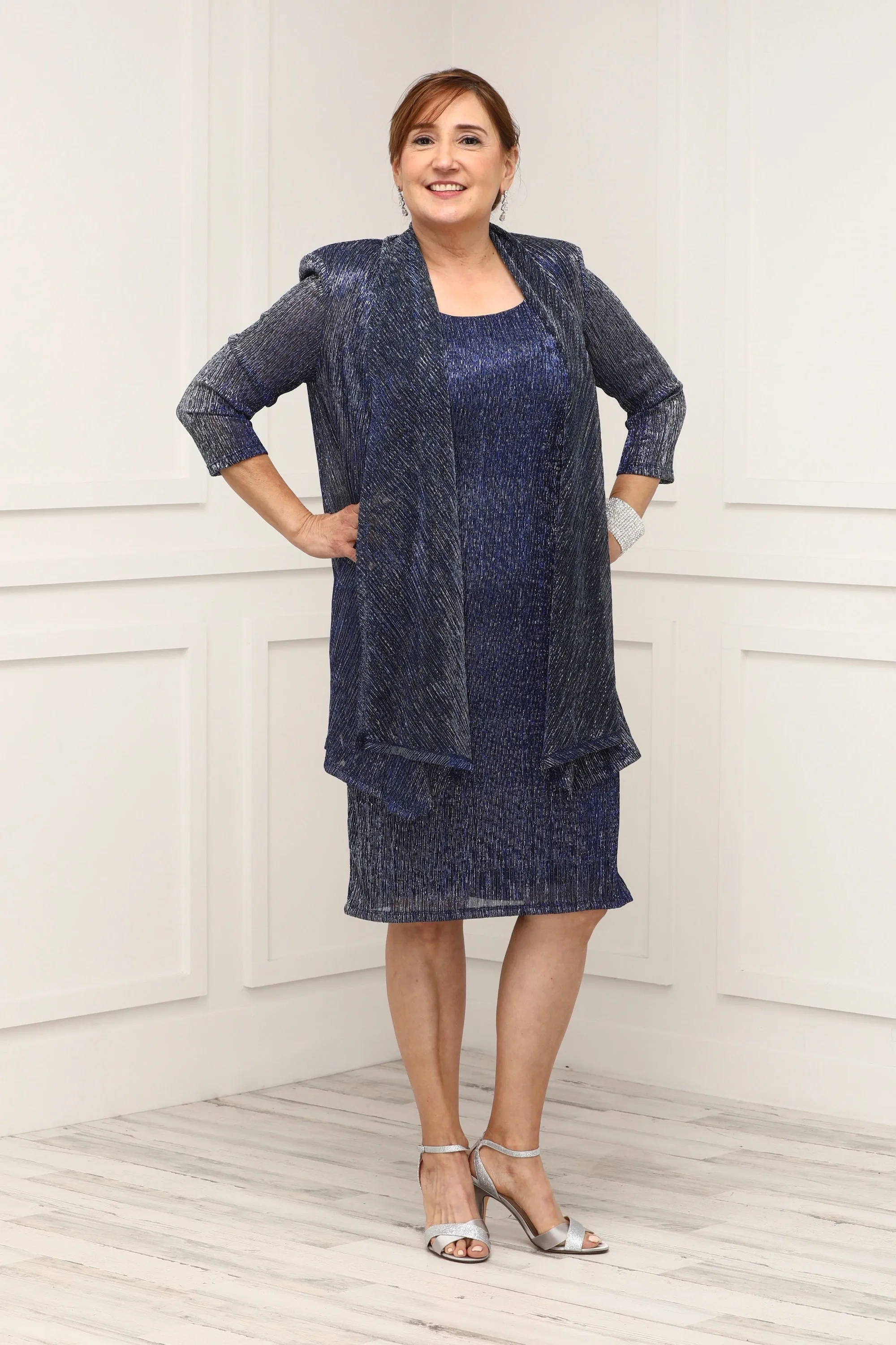 R&M Richards Petite Women's 2 Piece Metallic Knit Jacket Dress