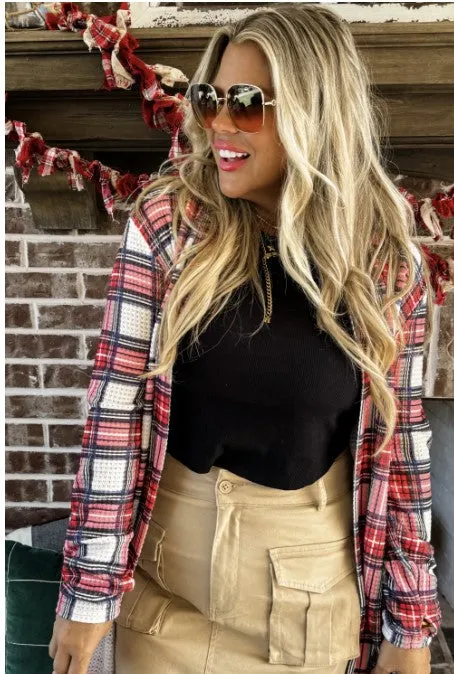 Red Plaid Cardigan w/Thumbholes - #8149-8150