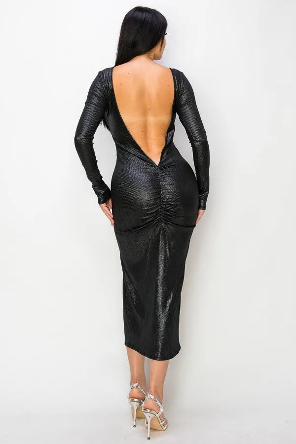 Ribbed Knit Metallic Backless Dress
