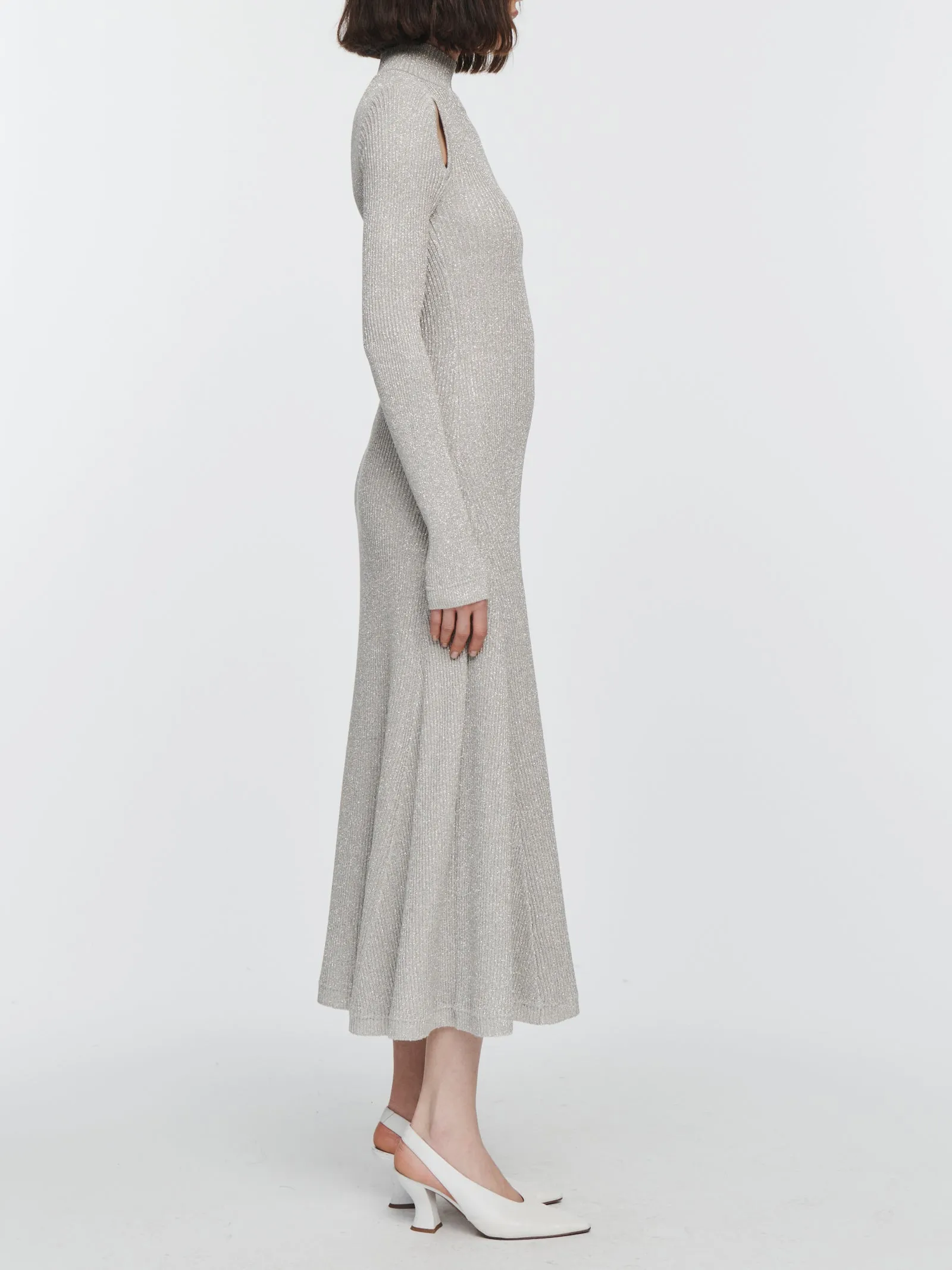 Ribbed Turtleneck Midi Dress in Silver