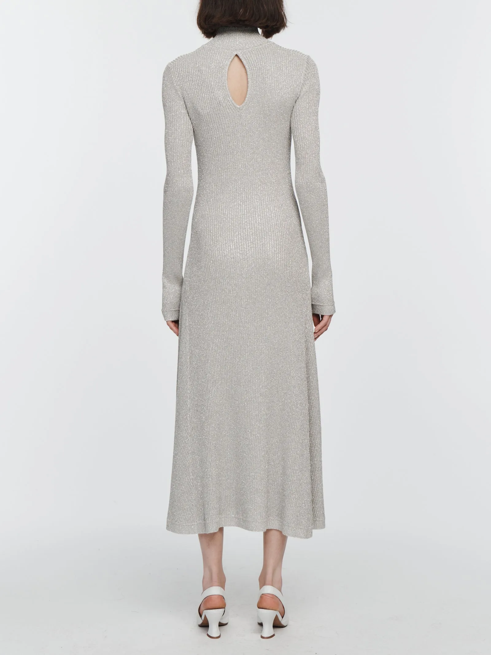 Ribbed Turtleneck Midi Dress in Silver