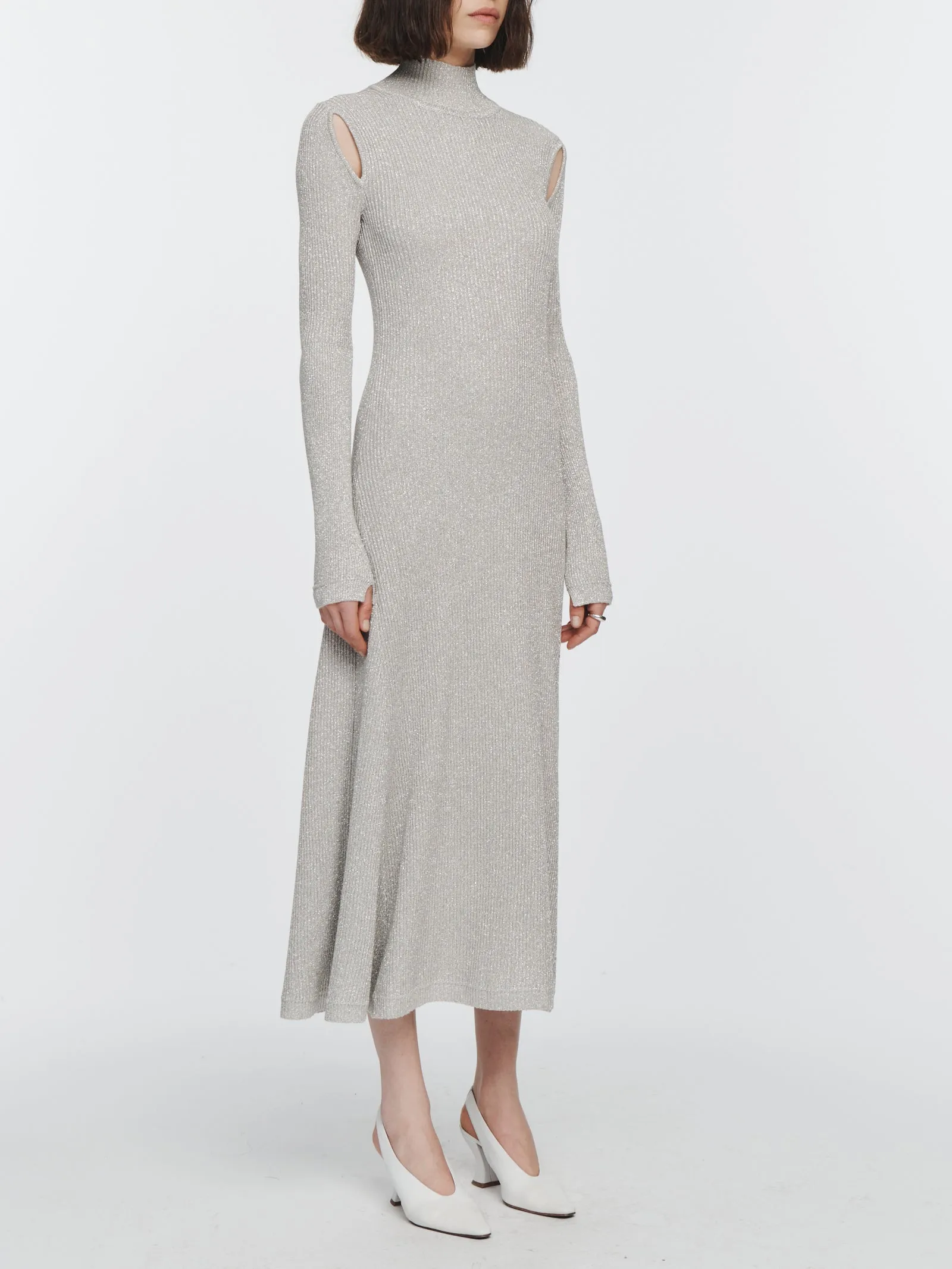Ribbed Turtleneck Midi Dress in Silver