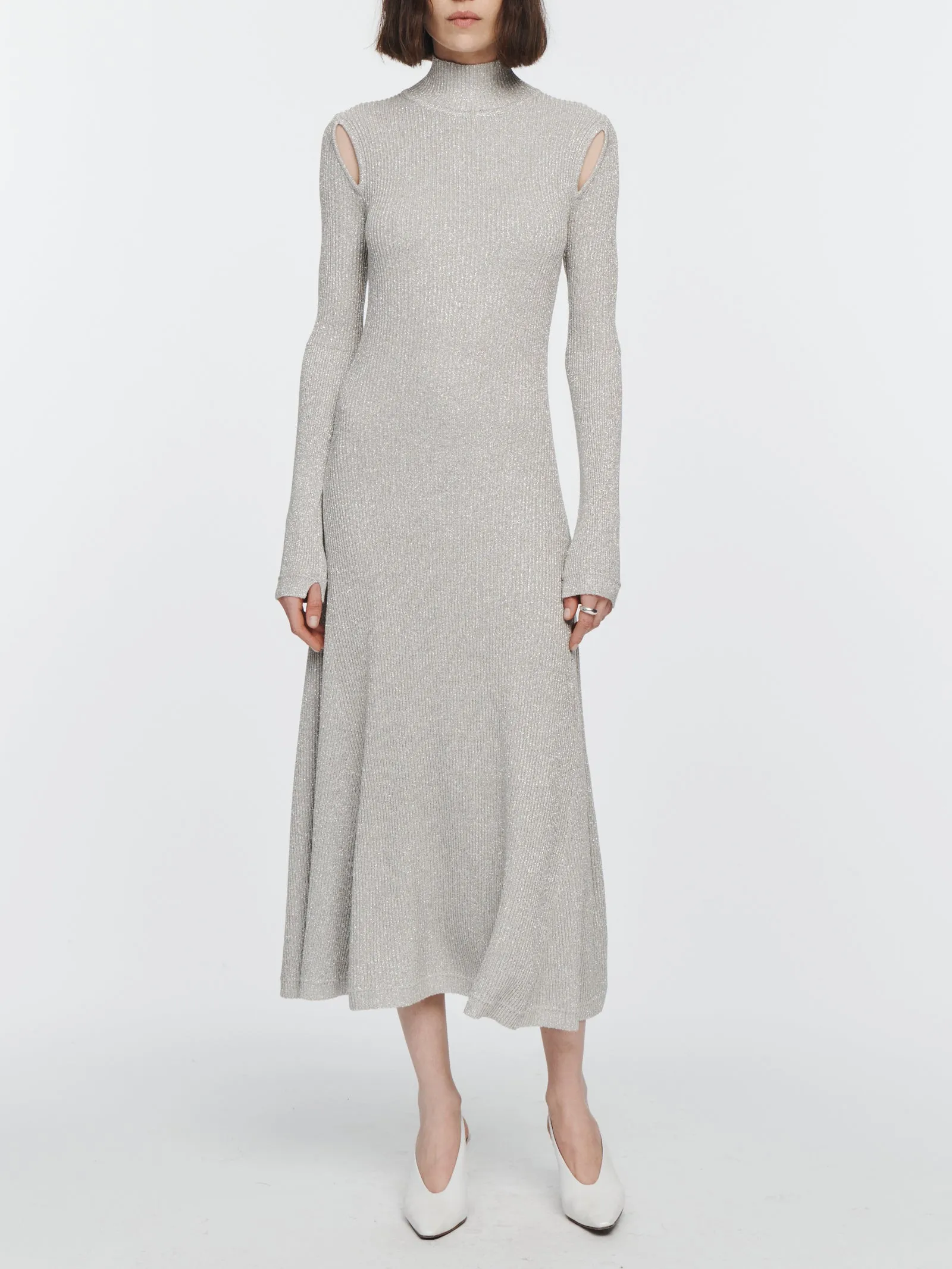 Ribbed Turtleneck Midi Dress in Silver