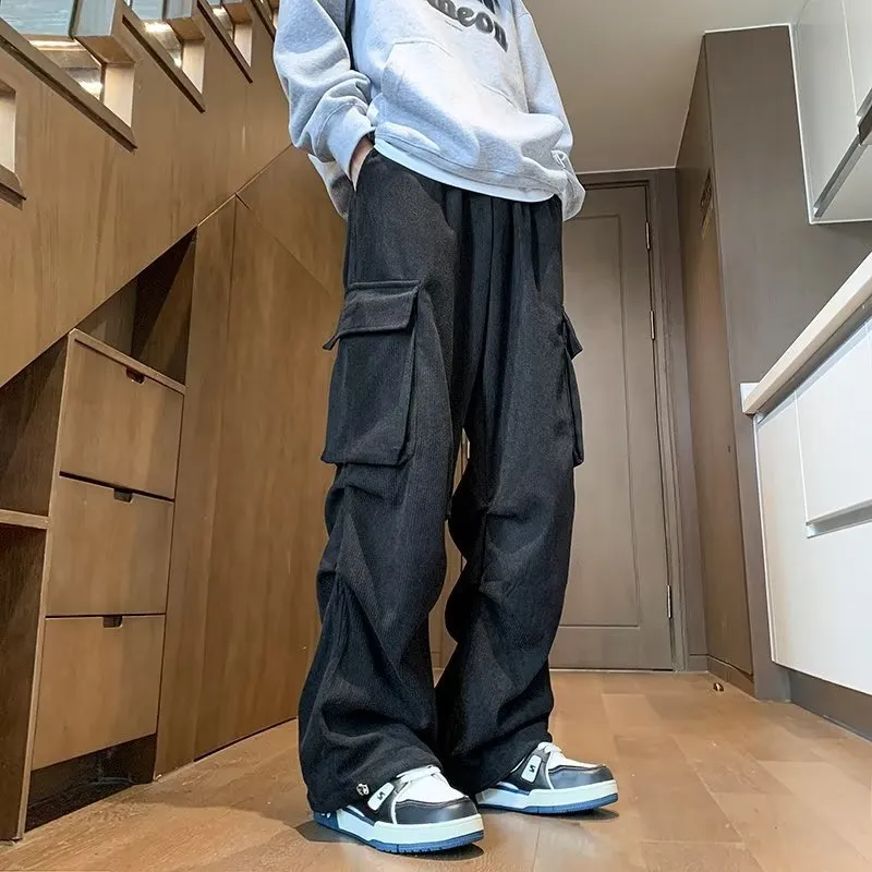 Riolio street fashion men streetwear New Corduroy Workwear Pants Men's Autumn and Winter Straight Casual Pants American Design Large Pocket Wide Leg Pants