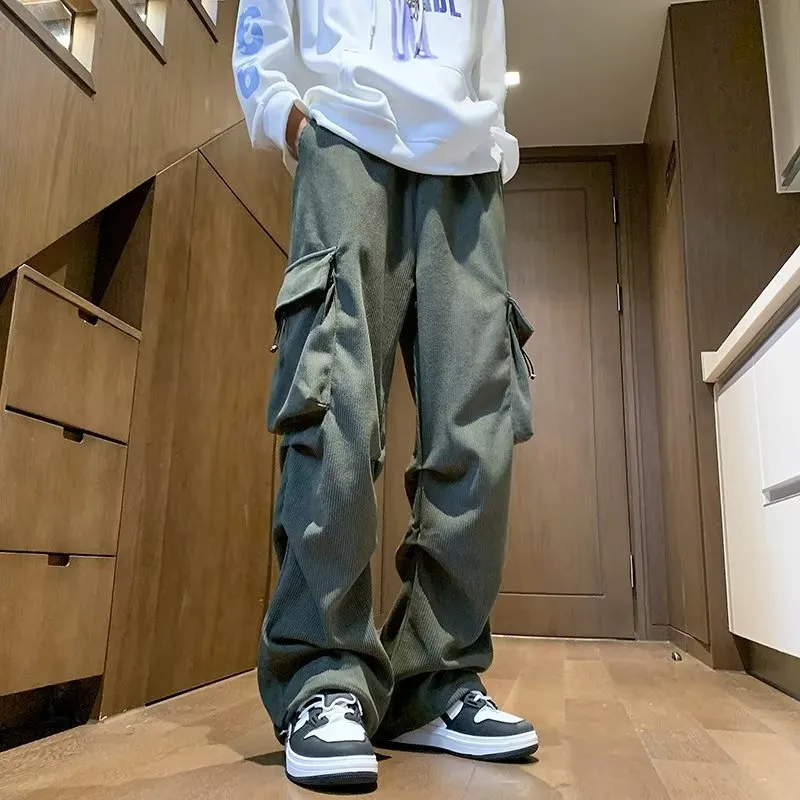 Riolio street fashion men streetwear New Corduroy Workwear Pants Men's Autumn and Winter Straight Casual Pants American Design Large Pocket Wide Leg Pants