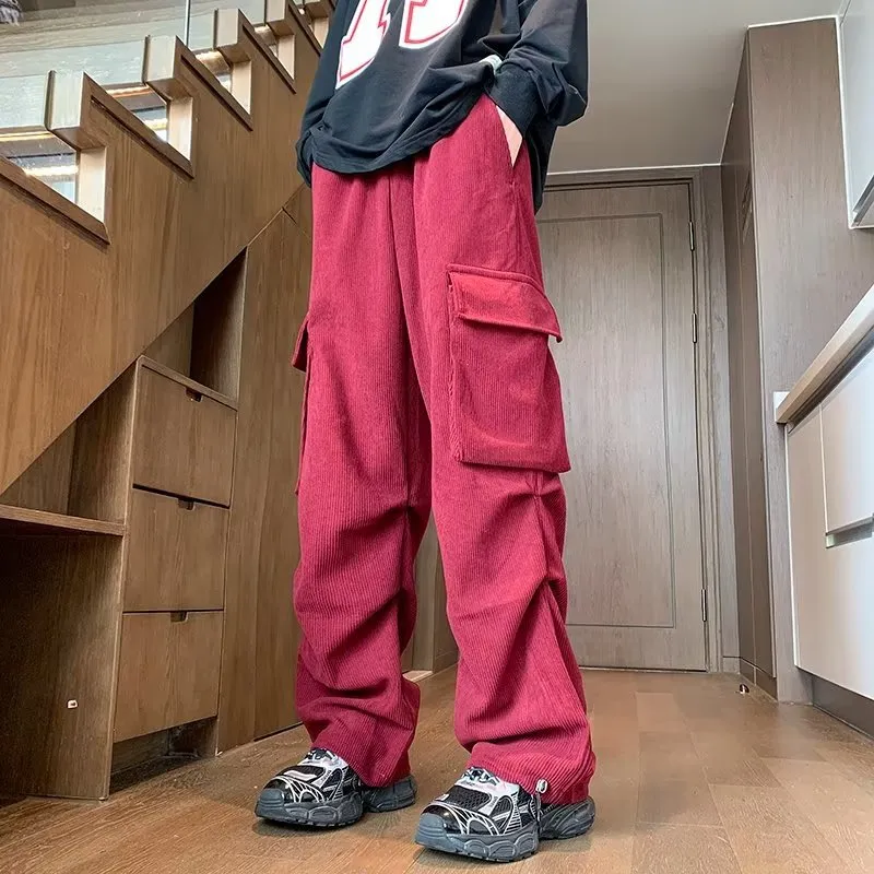 Riolio street fashion men streetwear New Corduroy Workwear Pants Men's Autumn and Winter Straight Casual Pants American Design Large Pocket Wide Leg Pants