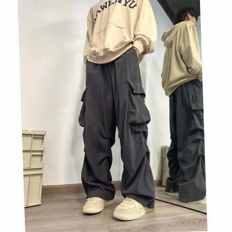Riolio street fashion men streetwear New Corduroy Workwear Pants Men's Autumn and Winter Straight Casual Pants American Design Large Pocket Wide Leg Pants