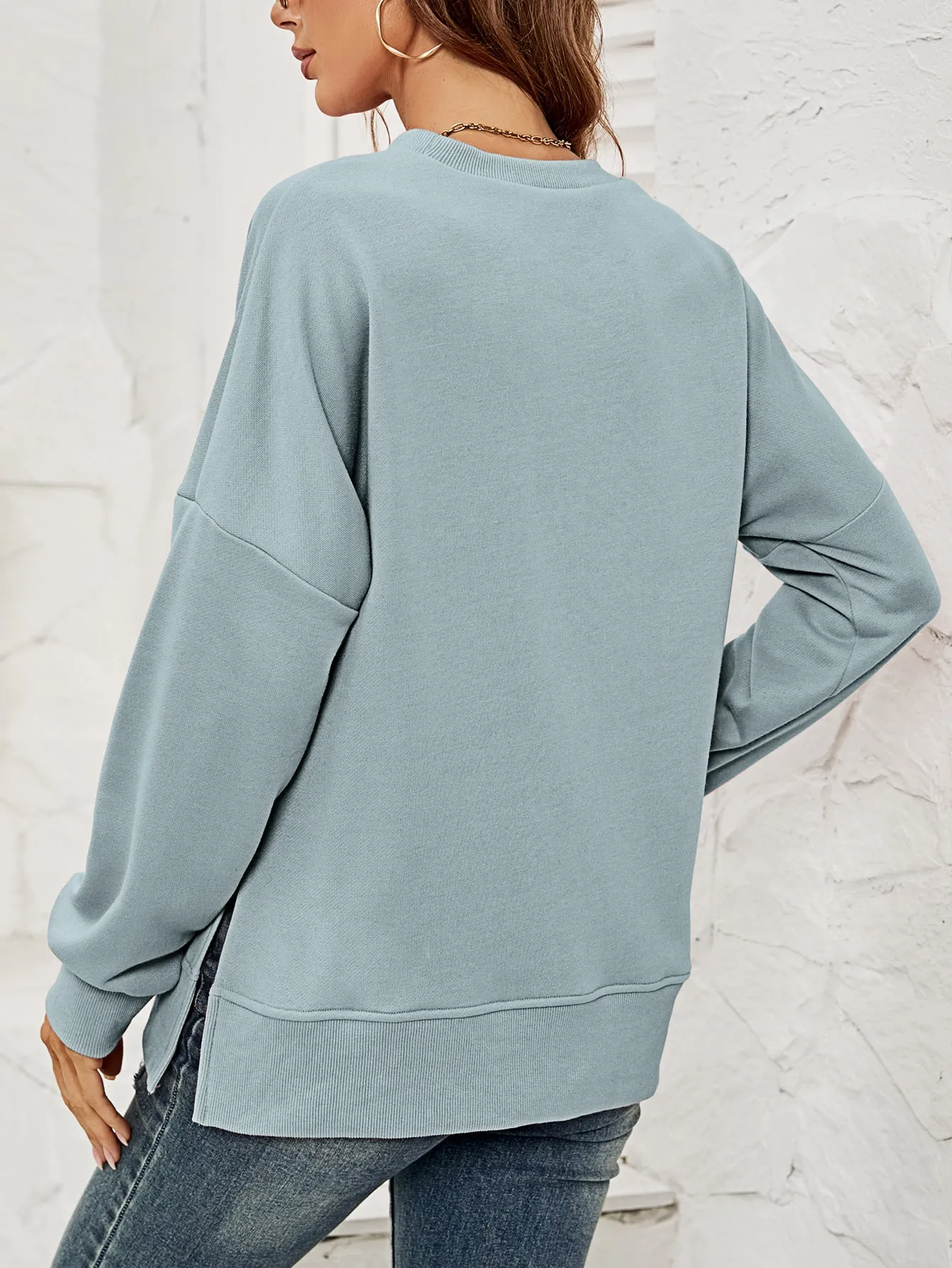 Round Neck Dropped Shoulder Slit Sweatshirt
