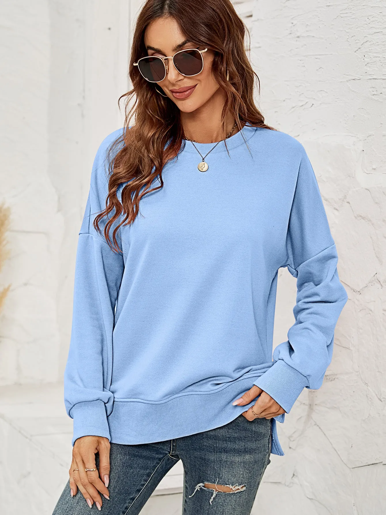 Round Neck Dropped Shoulder Slit Sweatshirt