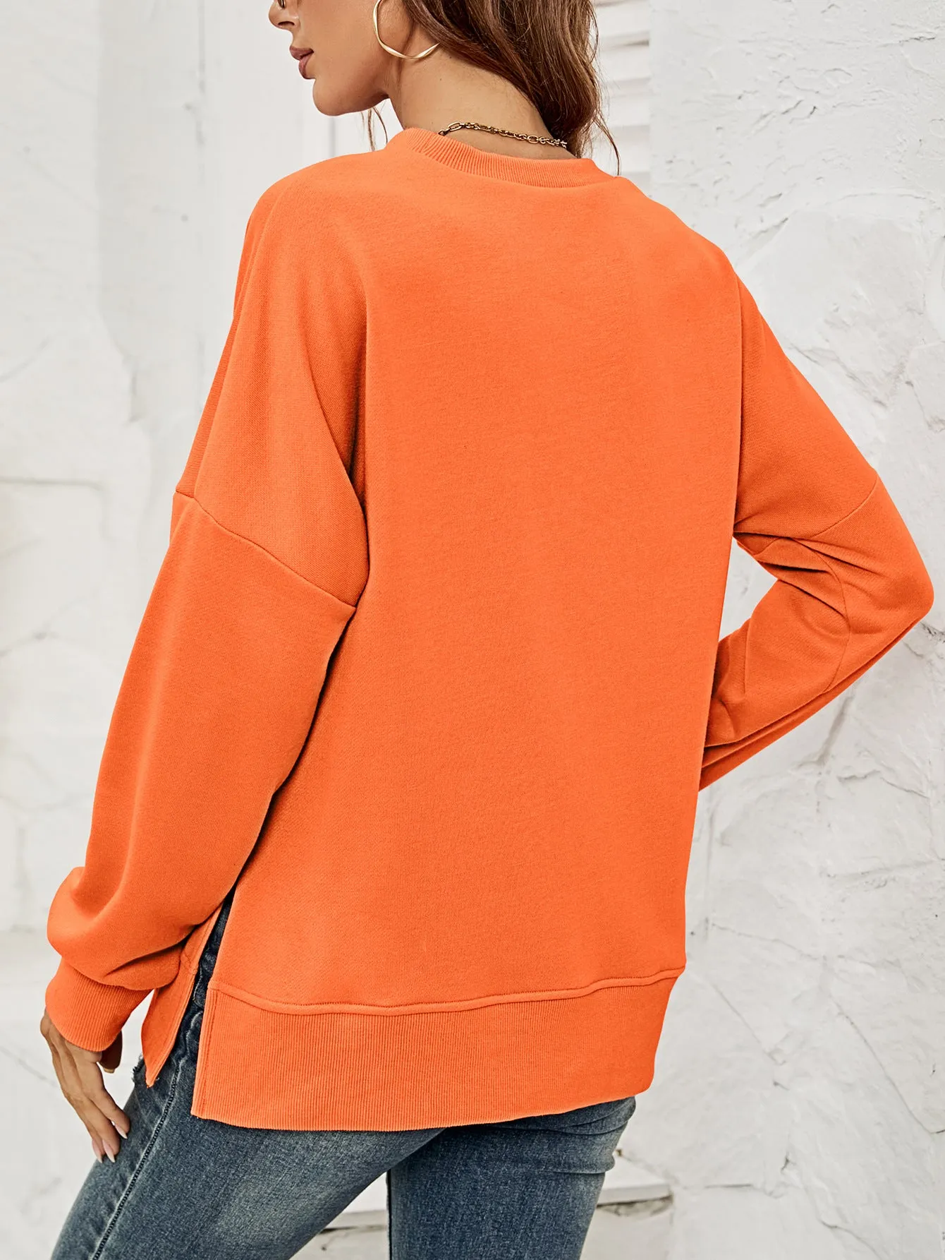 Round Neck Dropped Shoulder Slit Sweatshirt