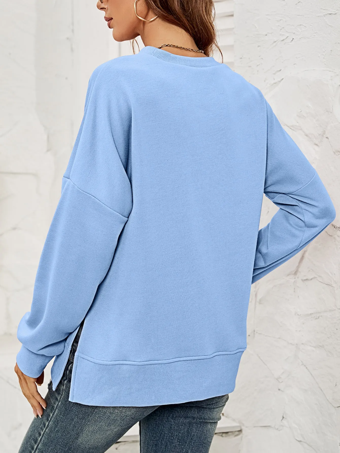 Round Neck Dropped Shoulder Slit Sweatshirt