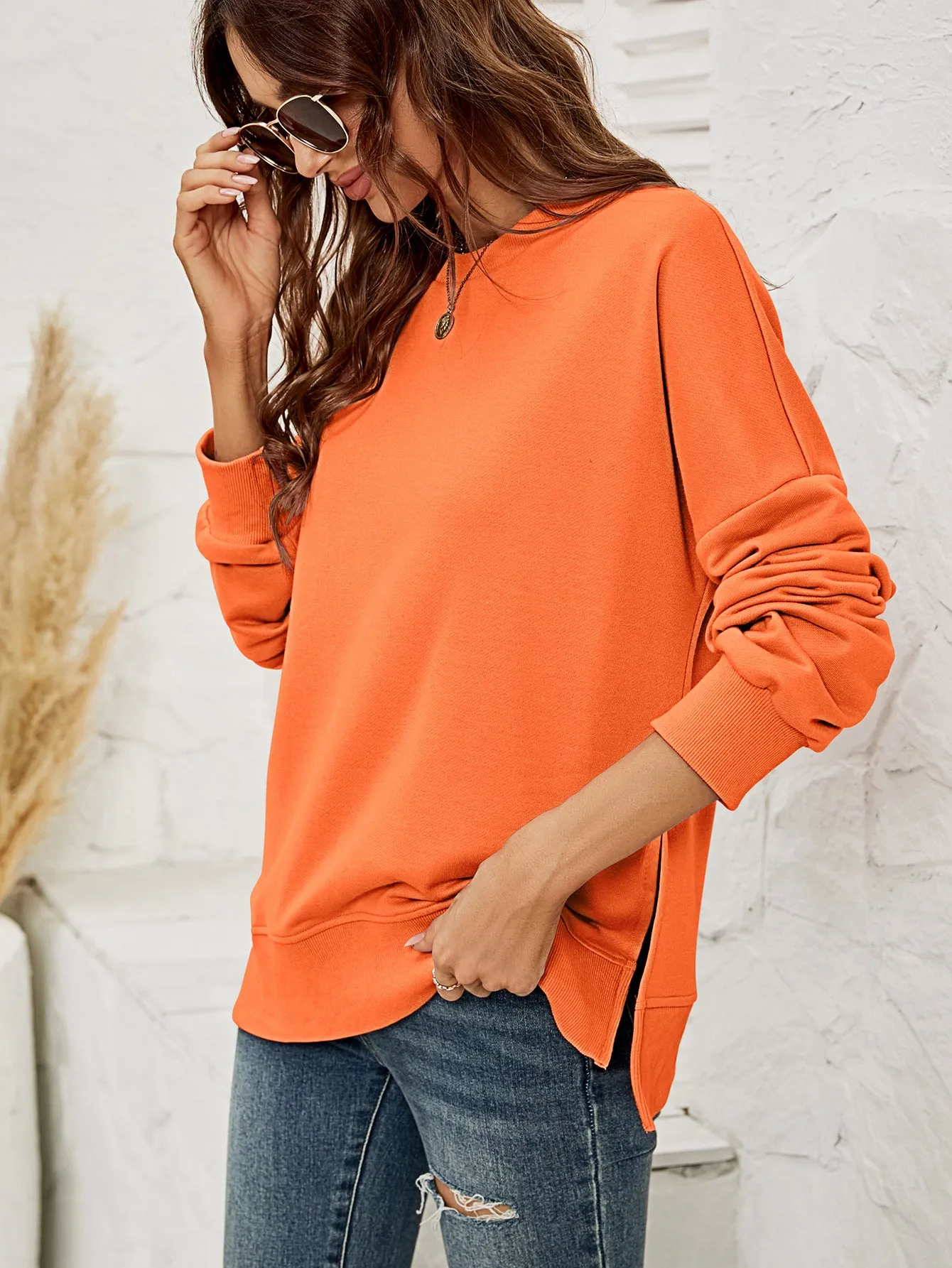 Round Neck Dropped Shoulder Slit Sweatshirt
