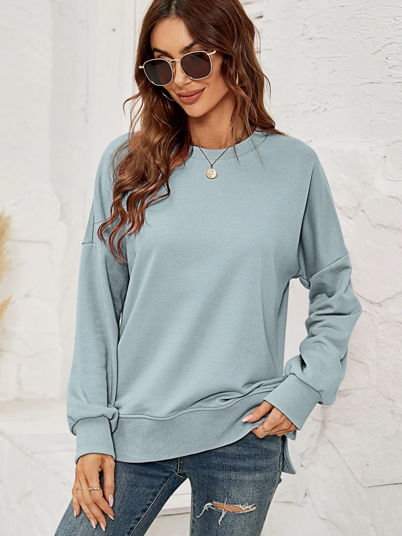 Round Neck Dropped Shoulder Slit Sweatshirt