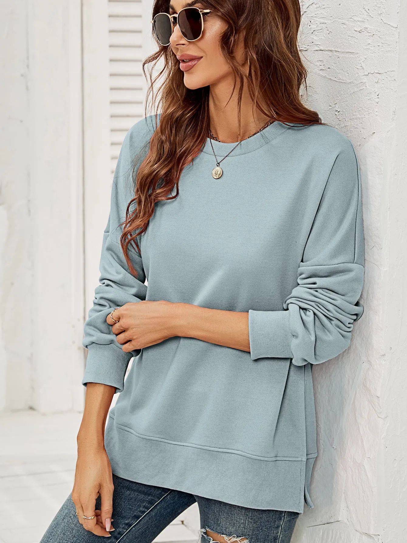 Round Neck Dropped Shoulder Slit Sweatshirt