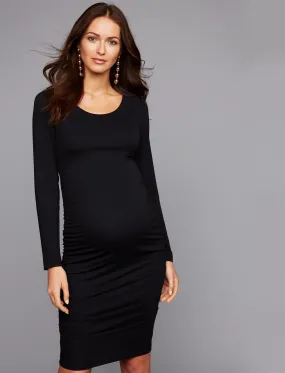 Side Ruched Long Sleeve Maternity Dress in Black