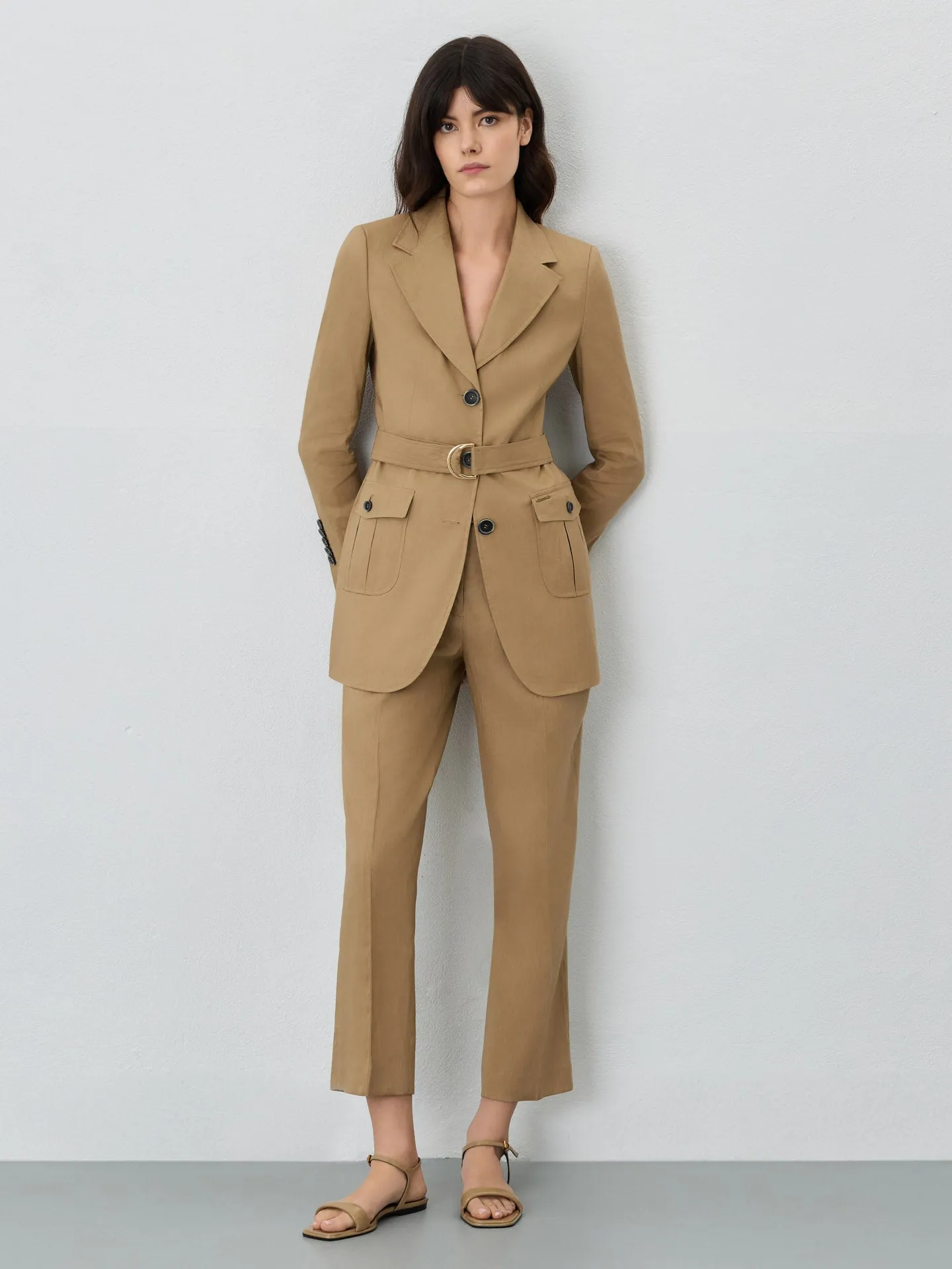 Single-Breasted Suit Blazer In Viscose Linen Blend With Belt