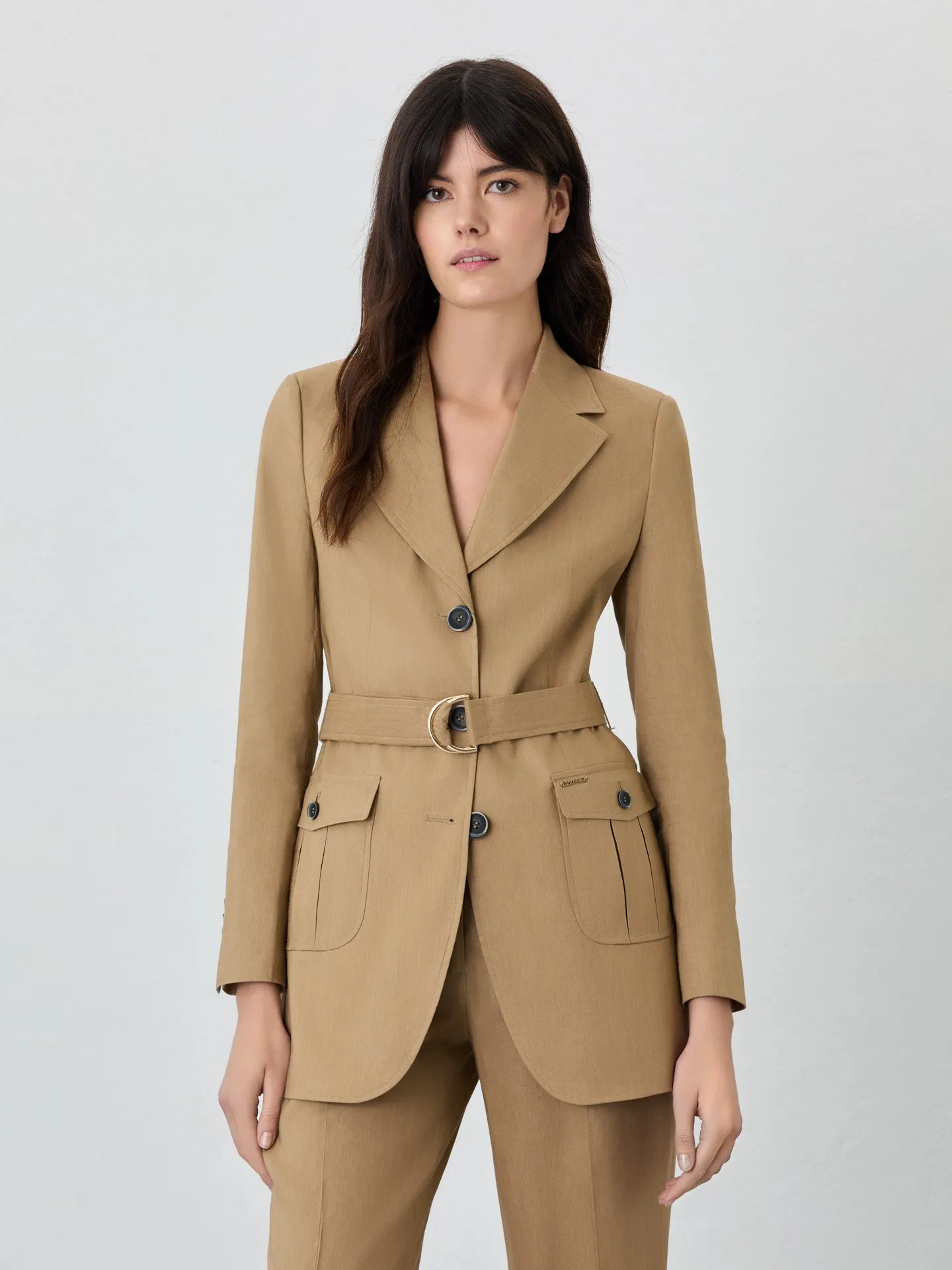 Single-Breasted Suit Blazer In Viscose Linen Blend With Belt