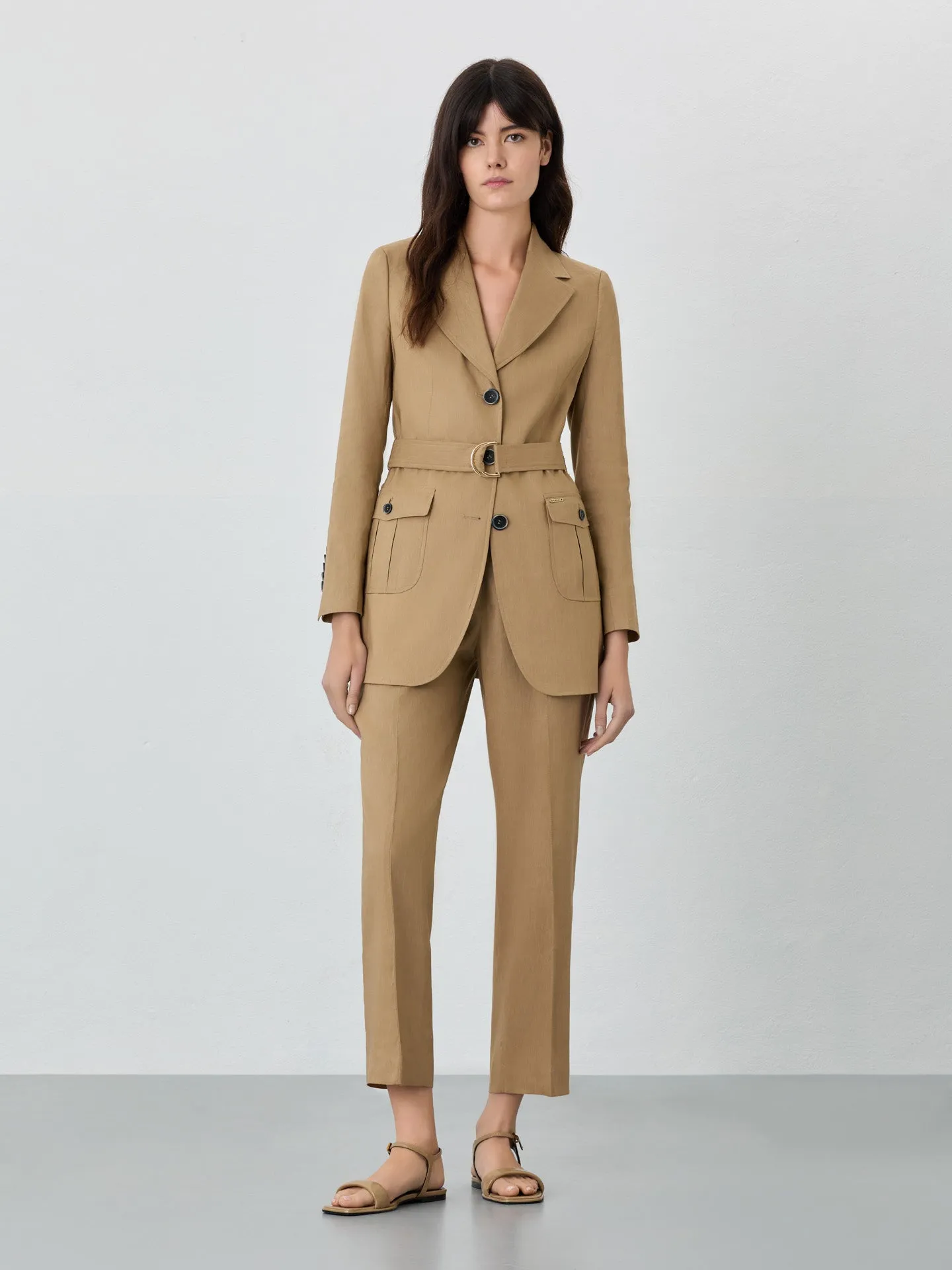 Single-Breasted Suit Blazer In Viscose Linen Blend With Belt