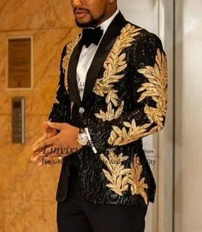 Slim Fit terno masculino Shiny Sequins Gold Applique Suits Men Prom Tuxedos Grooms Set 2 Pieces(Blazer Pants) Costume Homme