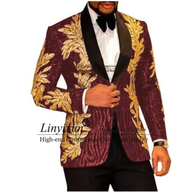 Slim Fit terno masculino Shiny Sequins Gold Applique Suits Men Prom Tuxedos Grooms Set 2 Pieces(Blazer Pants) Costume Homme