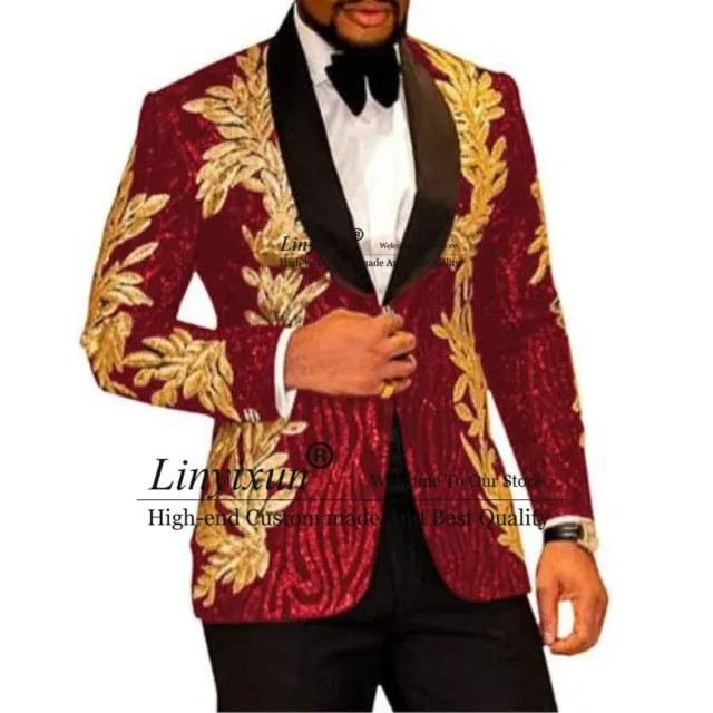 Slim Fit terno masculino Shiny Sequins Gold Applique Suits Men Prom Tuxedos Grooms Set 2 Pieces(Blazer Pants) Costume Homme