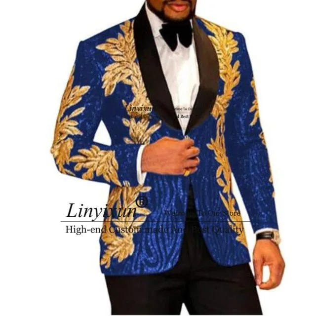 Slim Fit terno masculino Shiny Sequins Gold Applique Suits Men Prom Tuxedos Grooms Set 2 Pieces(Blazer Pants) Costume Homme
