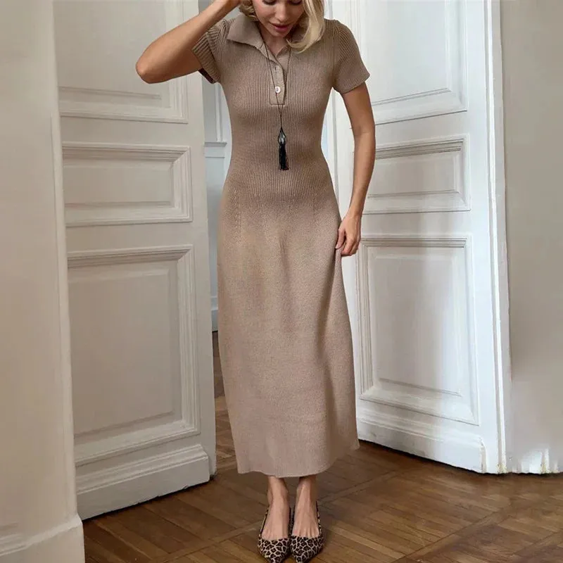 Slim Knitted Ribbed Long Maxi Fit Short Sleeve Dress Dress