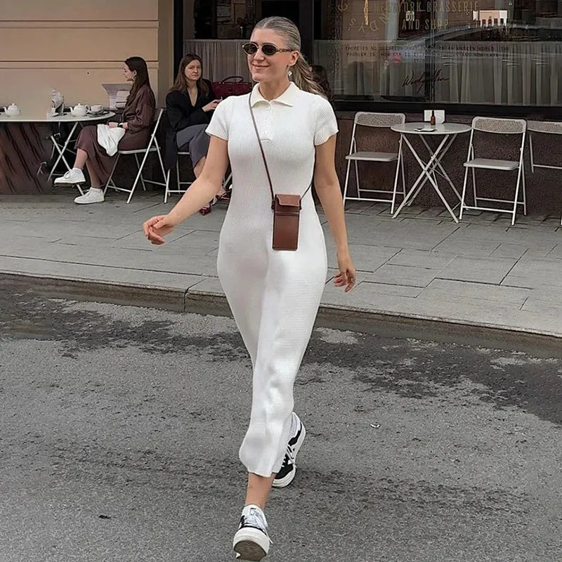 Slim Knitted Ribbed Long Maxi Fit Short Sleeve Dress Dress