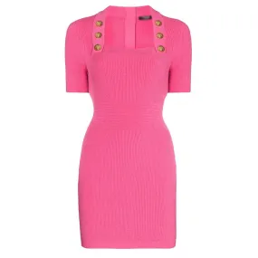 Smocked Square Collar Short Sleeve Zip Back Office Midi Dress (Rose Red/Black)